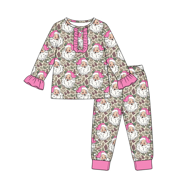 (Preorder new) No moq Baby Girls Khaki Camo Santa Button Top Pant Christmas Pajamas Set Fall Winter Sleepwear Outfit Rompers
