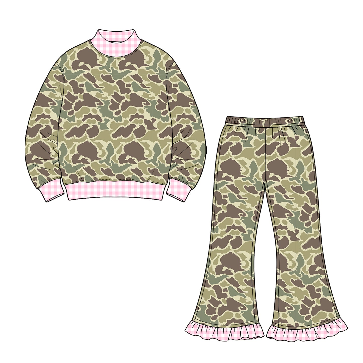 (Preorder new) No moq Baby Girls High Neck Camo Long Sleeve Top Ruffle Hem Flare Pant Set