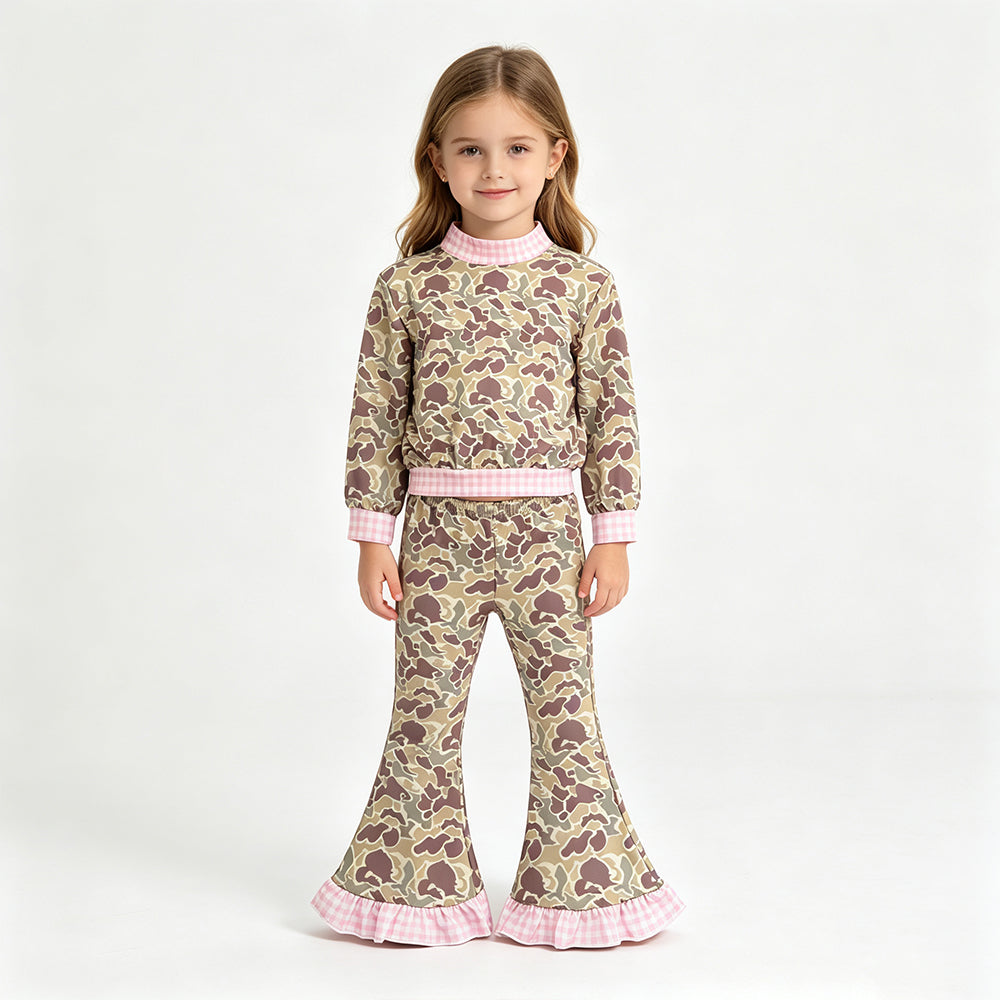 (Sample) No moq milk silk GLP3735（GT1841+P1183）Baby Girls Khaki Camo Top Bell Bottom Pant Outfit