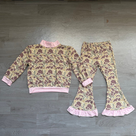 (Sample) No moq milk silk GLP3735（GT1841+P1183）Baby Girls Khaki Camo Top Bell Bottom Pant Outfit