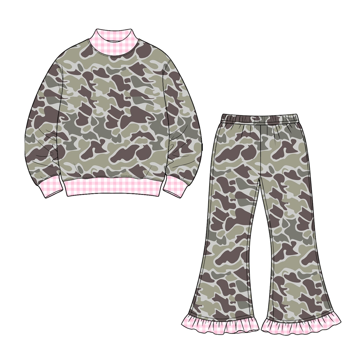 (Preorder new) No moq Baby Girls High Neck Camo Long Sleeve Top Ruffle Hem Flare Pant Set