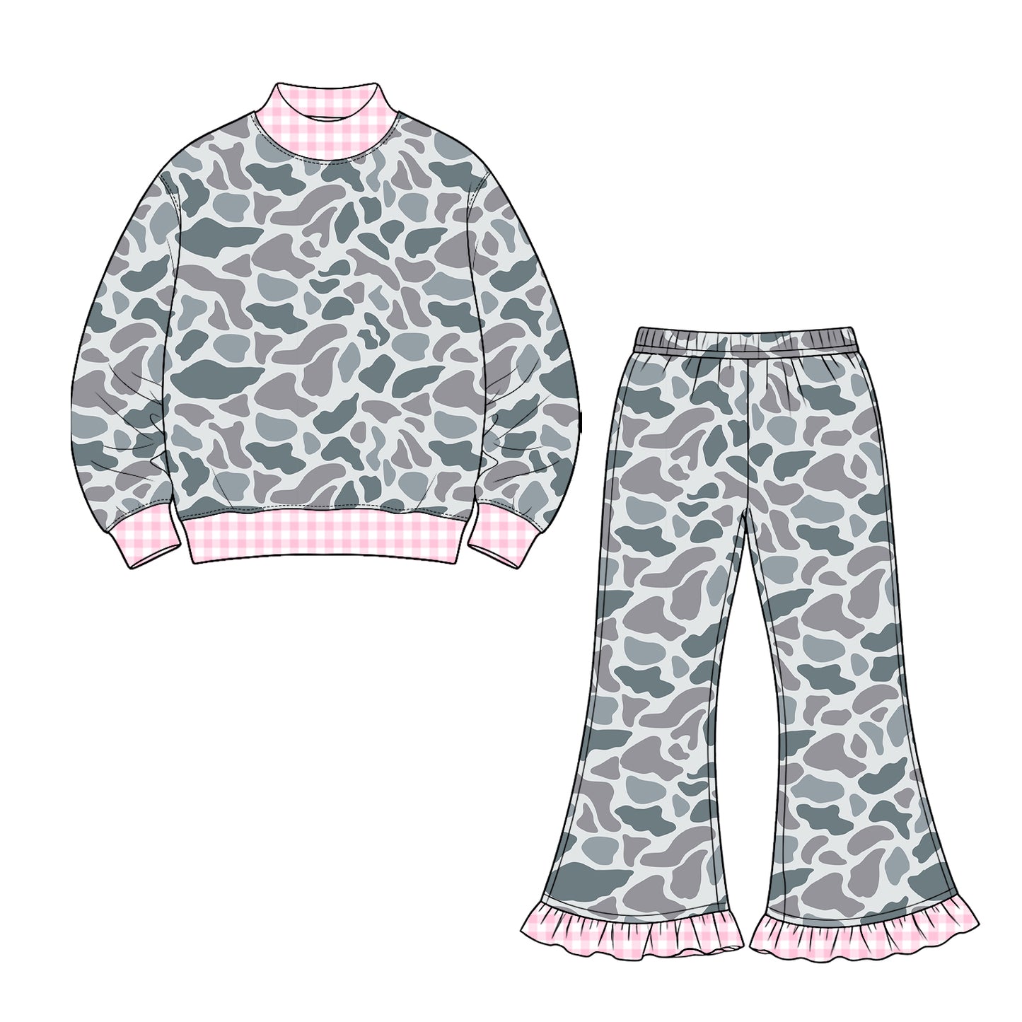 (Preorder new) No moq Baby Girls High Neck Camo Long Sleeve Top Ruffle Hem Flare Pant Set