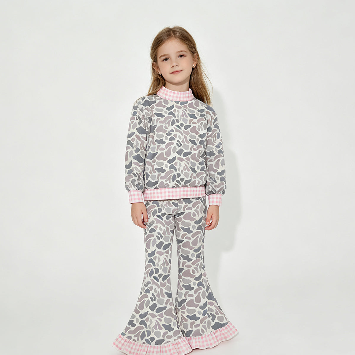 (Sample) No moq milk silk GLP3737（GT1874+P1185）High Neck Baby Girls Light Grey Camo Top Ruffle Flare Pant Clothes Set
