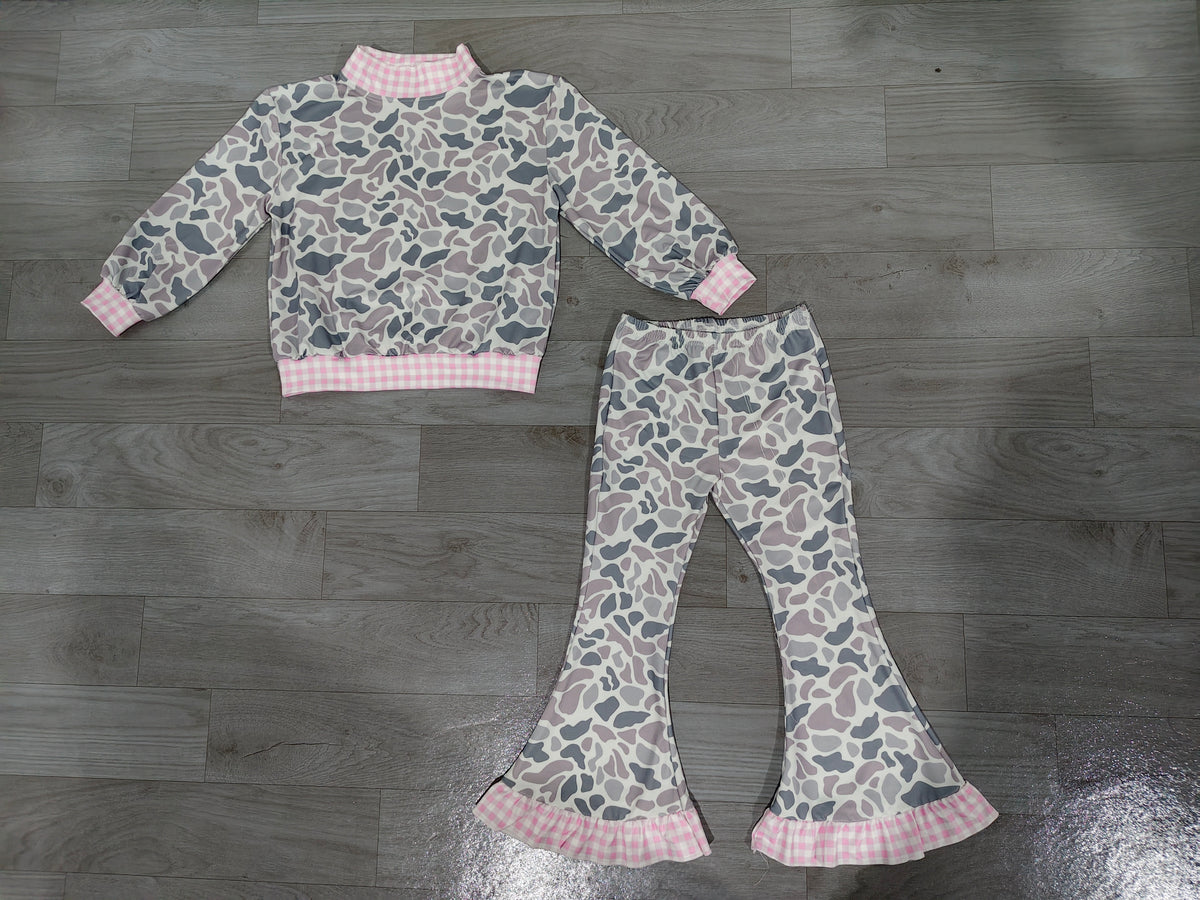(Sample) No moq milk silk GLP3737（GT1874+P1185）High Neck Baby Girls Light Grey Camo Top Ruffle Flare Pant Clothes Set