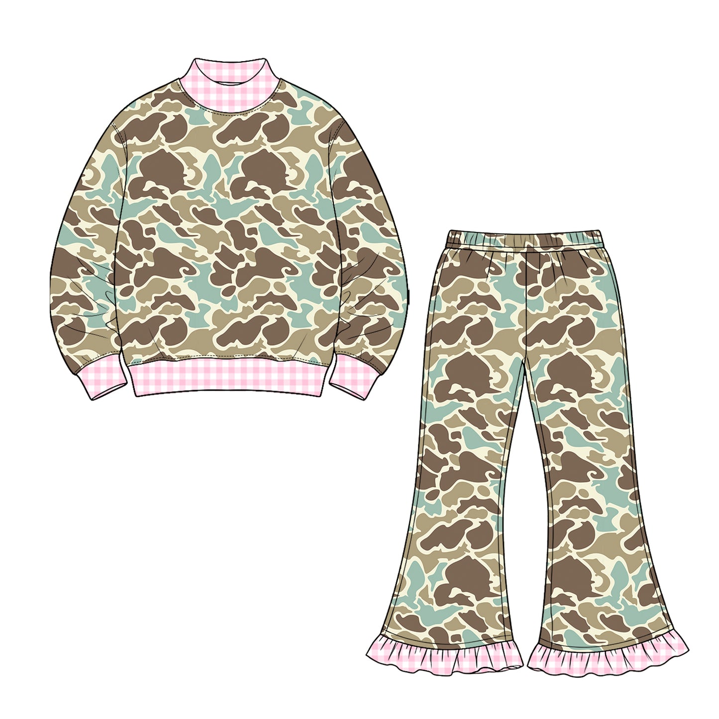 (Preorder new) No moq Baby Girls High Neck Camo Long Sleeve Top Ruffle Hem Flare Pant Set