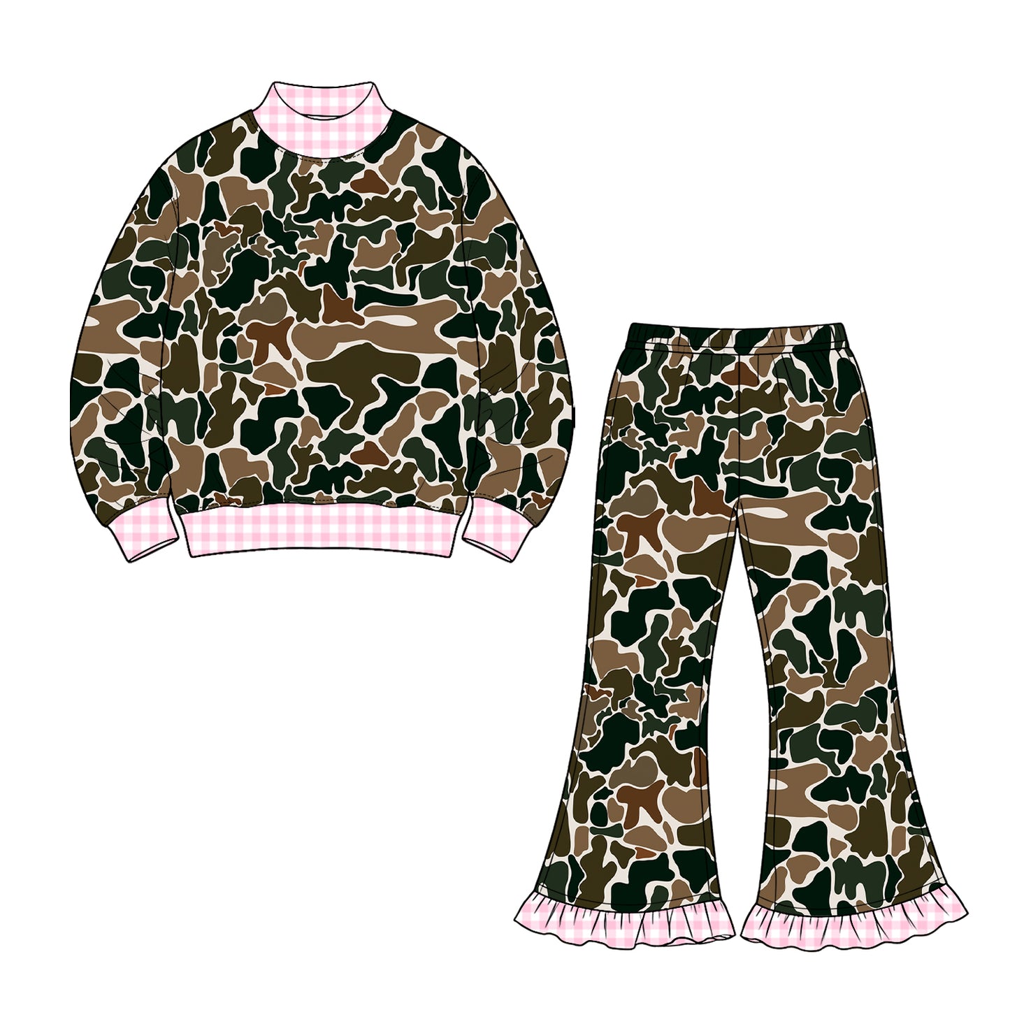 (Preorder new) No moq Baby Girls High Neck Camo Long Sleeve Top Ruffle Hem Flare Pant Set