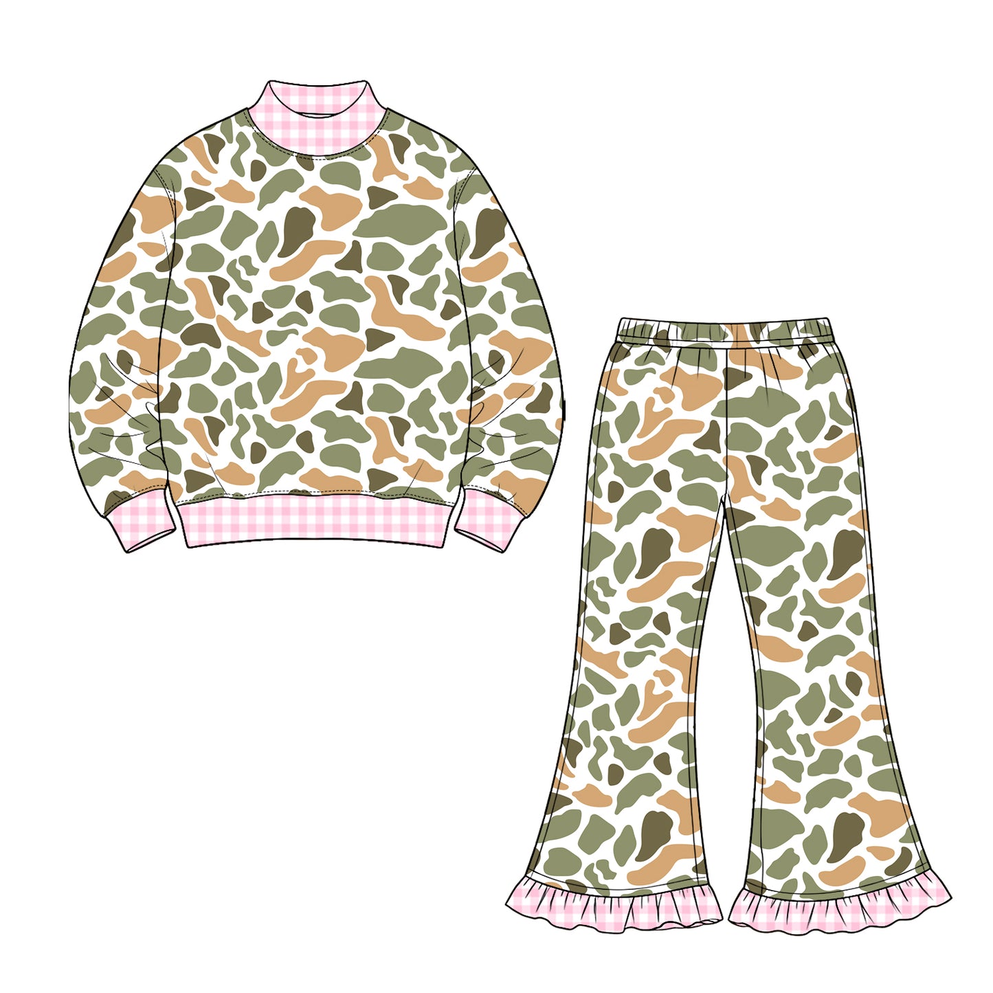 (Preorder new) No moq Baby Girls High Neck Camo Long Sleeve Top Ruffle Hem Flare Pant Set