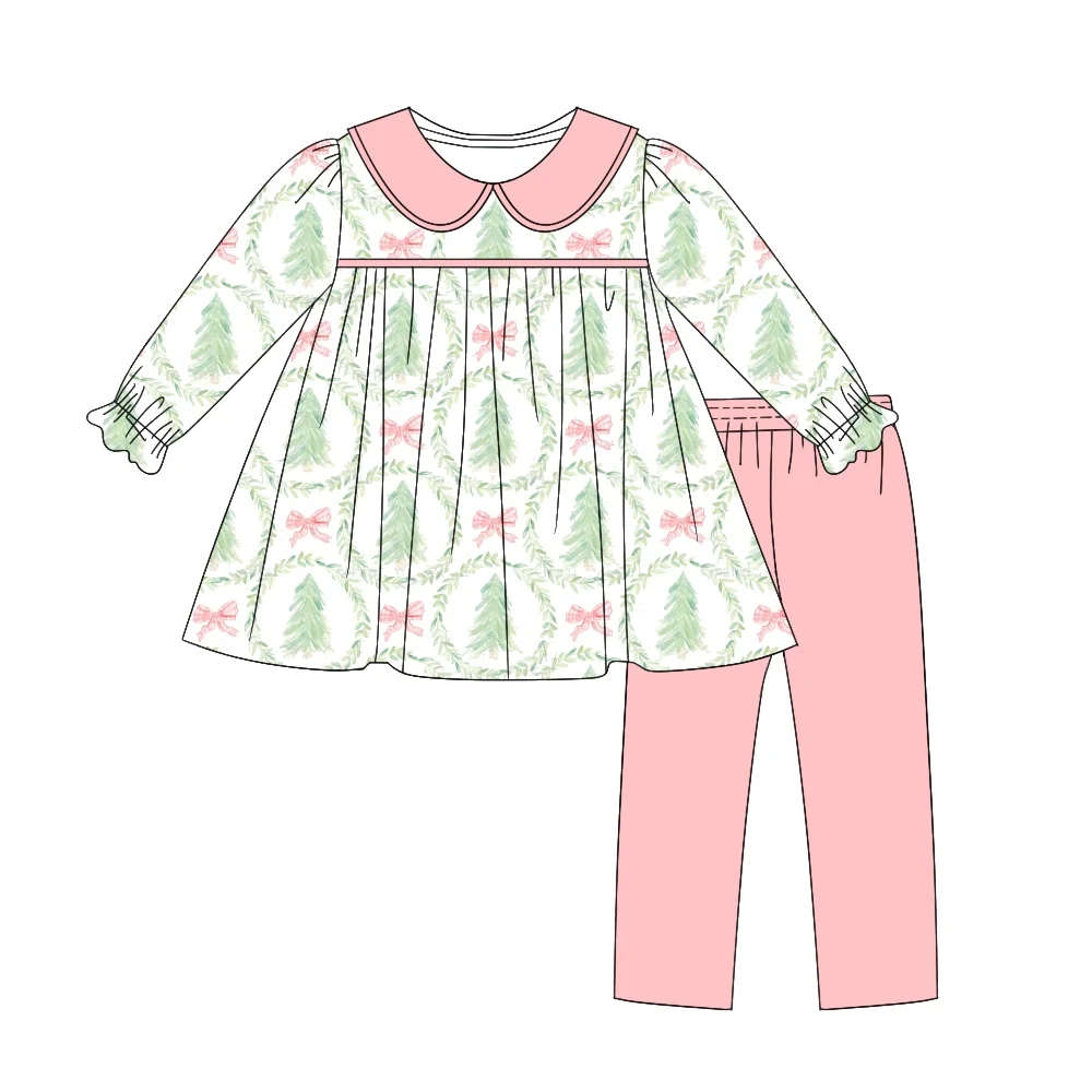 (Preorder new) No moq GLP3742 Baby Girls Bows Trees Tunic Leggings Christmas Clothes Set Fall Winter Festive  Outfit