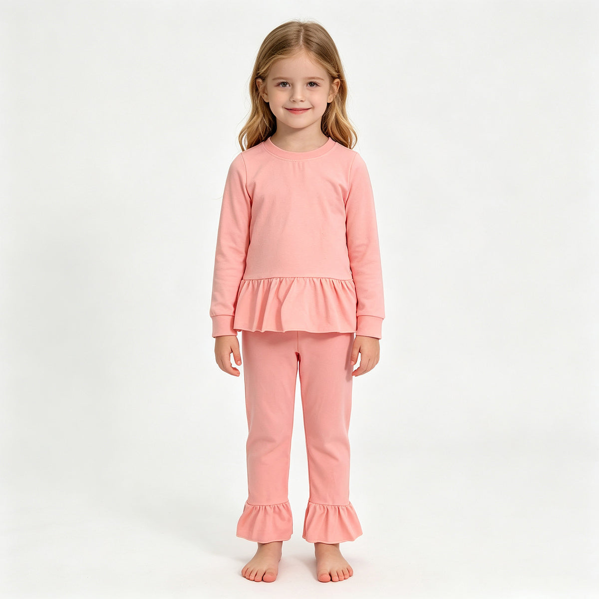 (Sample) No moq cotton GLP3746 Baby Girls Pink Long Sleeve Tunic Ruffle Pant Clothes Set