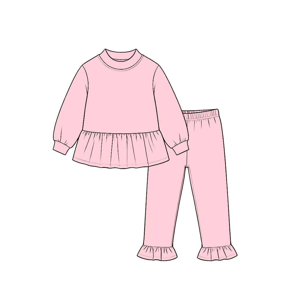 (Preorder new) No moq cotton Baby Girls Solid Long Sleeve Tunic Ruffle Pant Clothes Set Casual Outfit