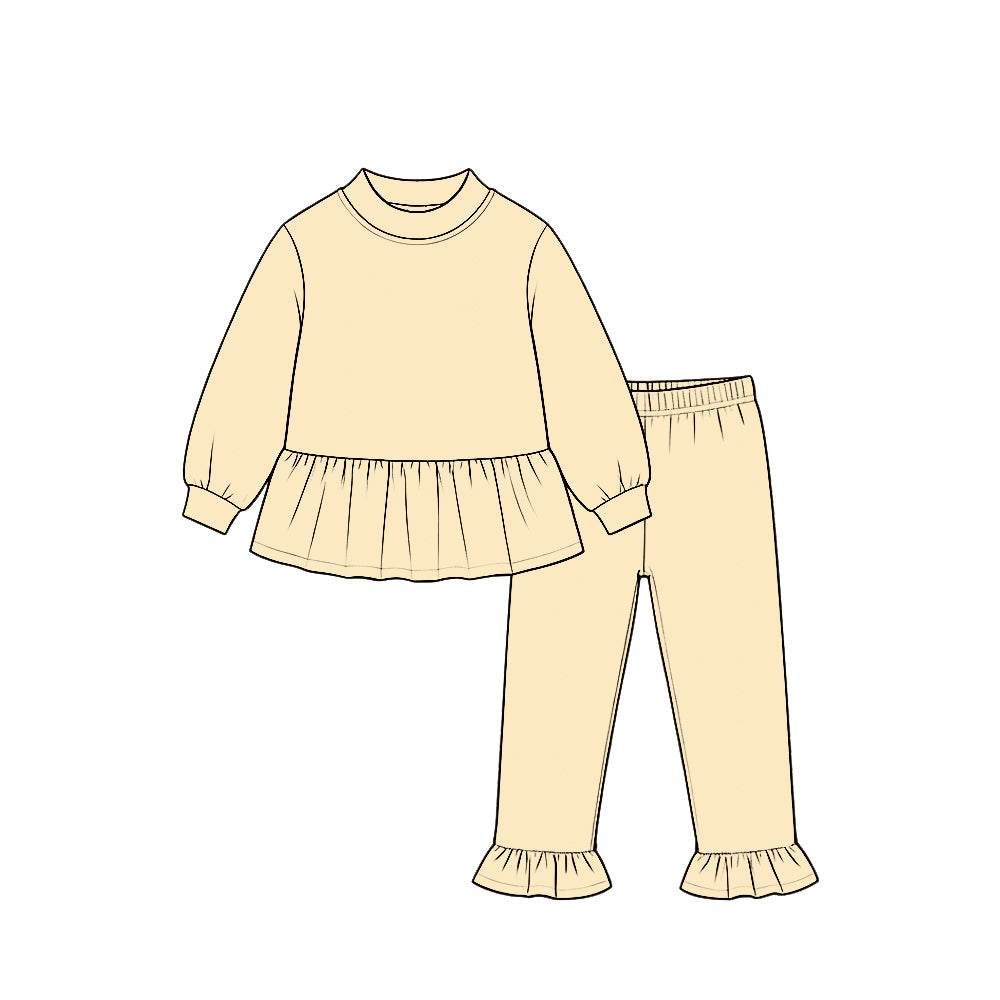 (Preorder new) No moq cotton Baby Girls Solid Long Sleeve Tunic Ruffle Pant Clothes Set Casual Outfit
