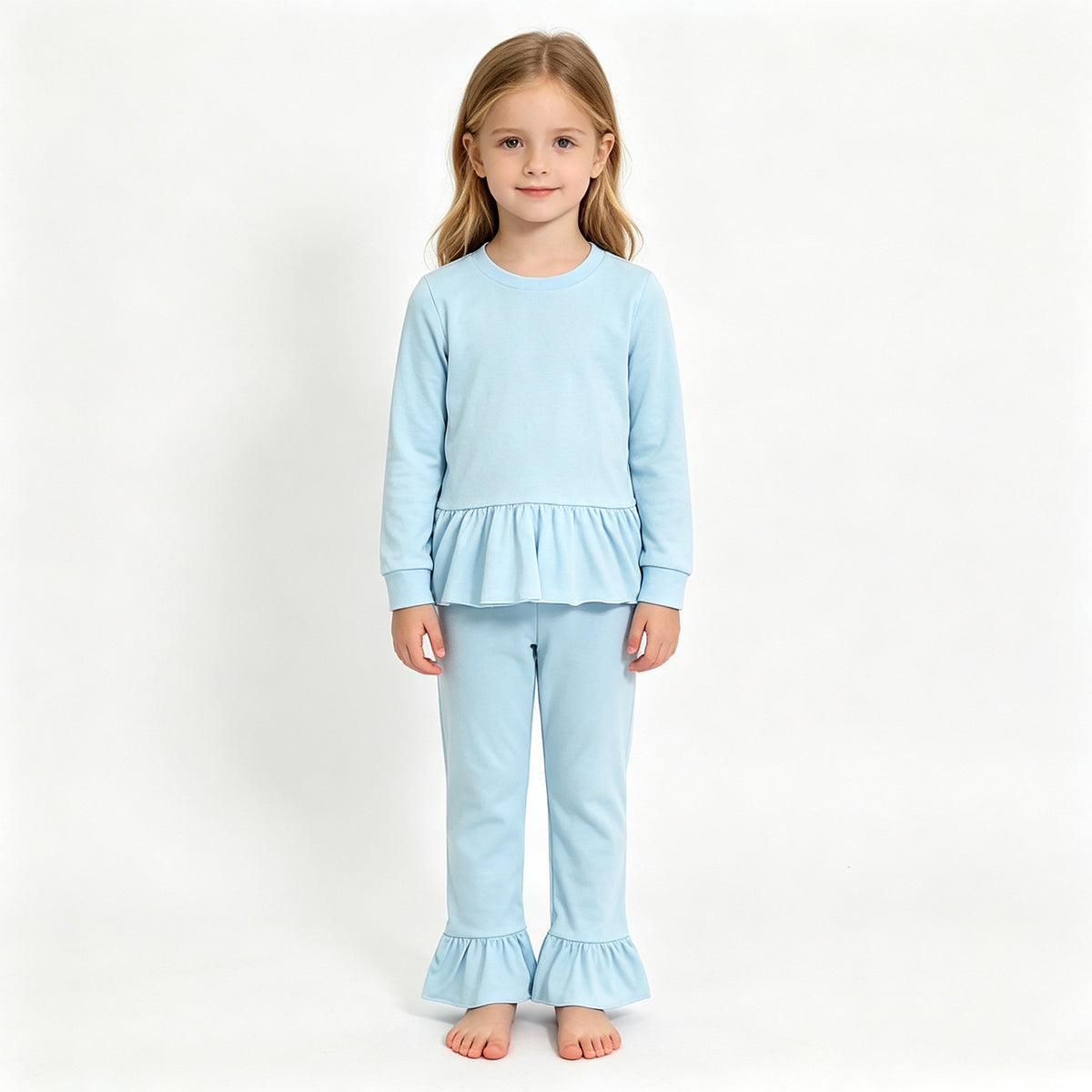 (Sample) No moq cotton GLP3748 Baby Girls Light Blue Long Sleeve Tunic Ruffle Pant Set