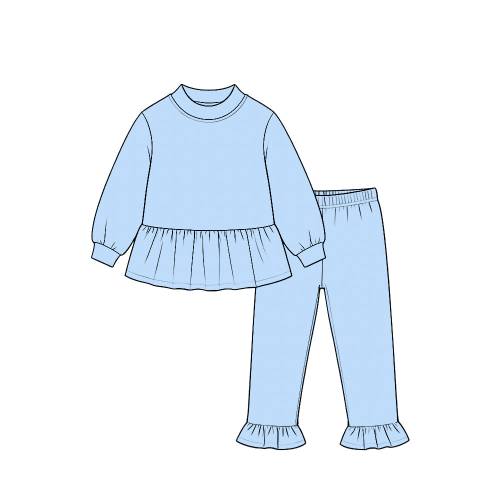 (Preorder new) No moq cotton Baby Girls Solid Long Sleeve Tunic Ruffle Pant Clothes Set Casual Outfit