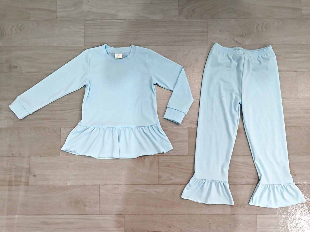 (Sample) No moq cotton GLP3748 Baby Girls Light Blue Long Sleeve Tunic Ruffle Pant Set