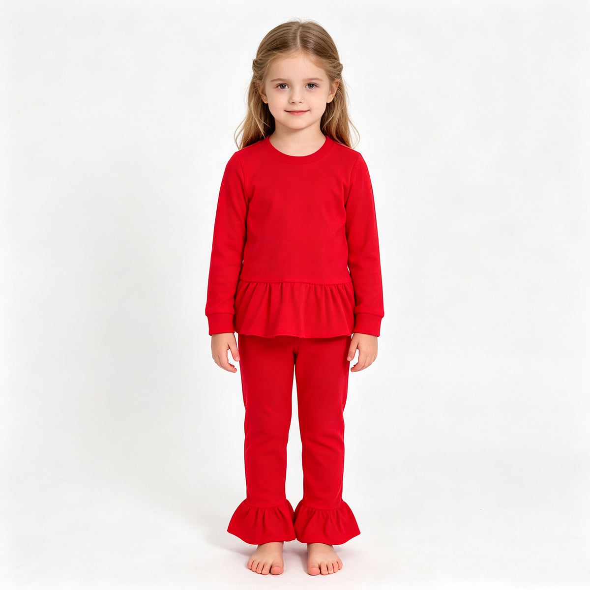 (Sample) No moq cotton GLP3749 Baby Girls Red Long Sleeve Tunic Ruffle Pant Set
