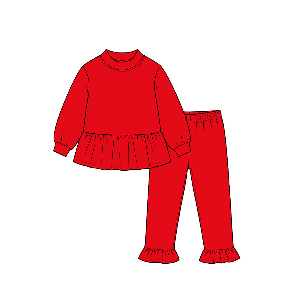 (Preorder new) No moq cotton Baby Girls Solid Long Sleeve Tunic Ruffle Pant Clothes Set Casual Outfit