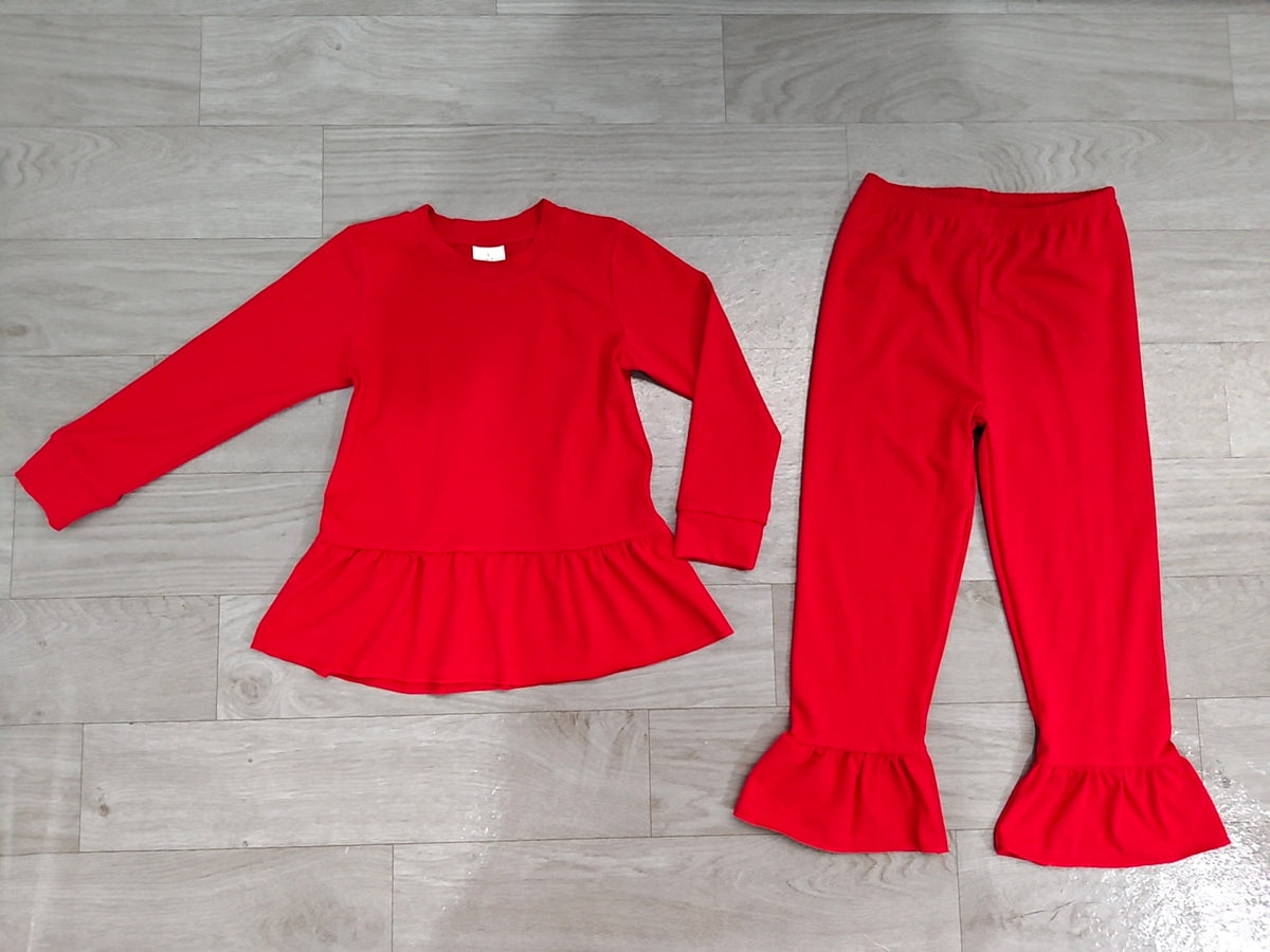 (Sample) No moq cotton GLP3749 Baby Girls Red Long Sleeve Tunic Ruffle Pant Set