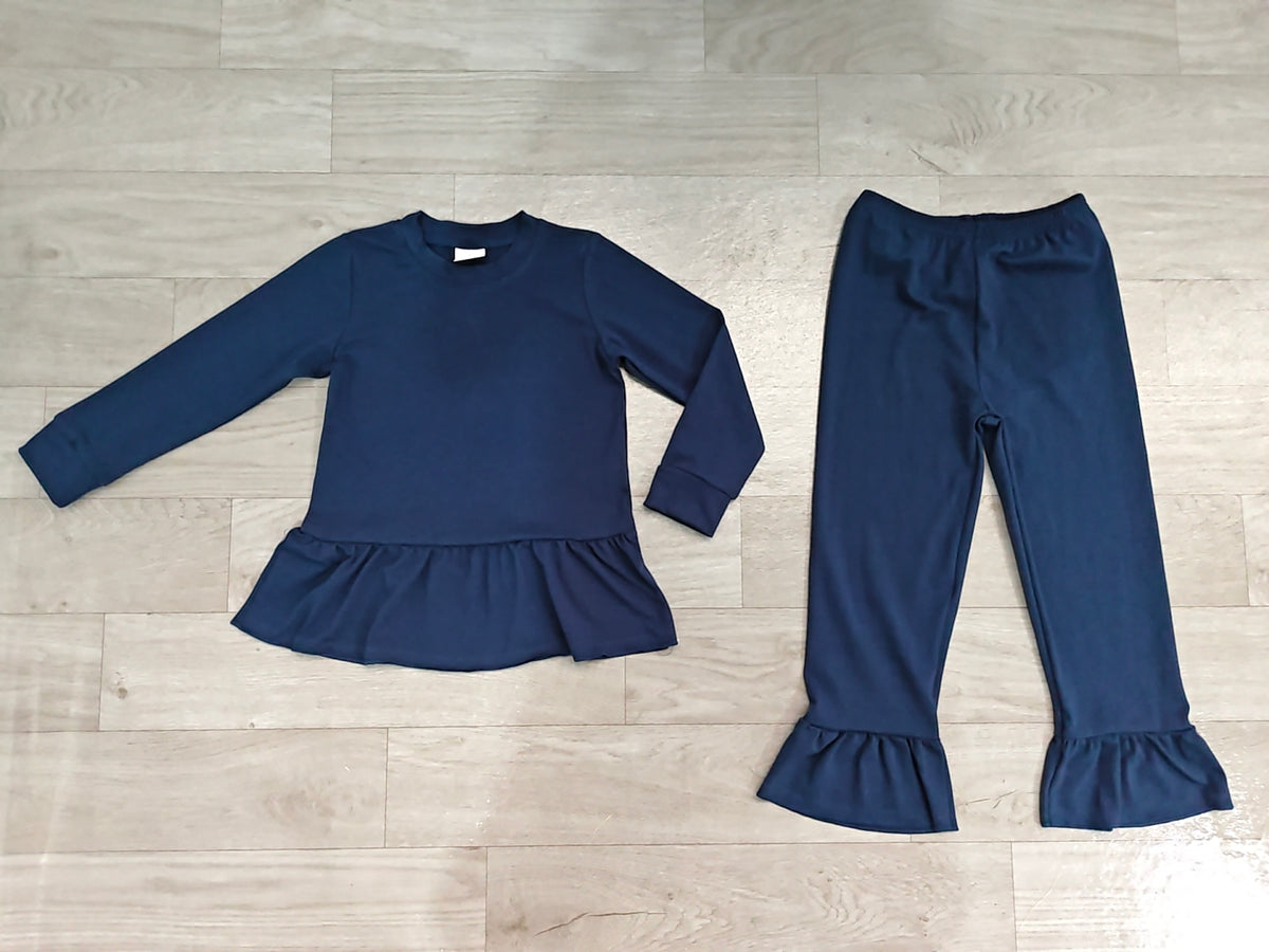 (Sample) No moq cotton GLP3750 Baby Girls Navy Blue Long Sleeve Tunic Ruffle Pant Set