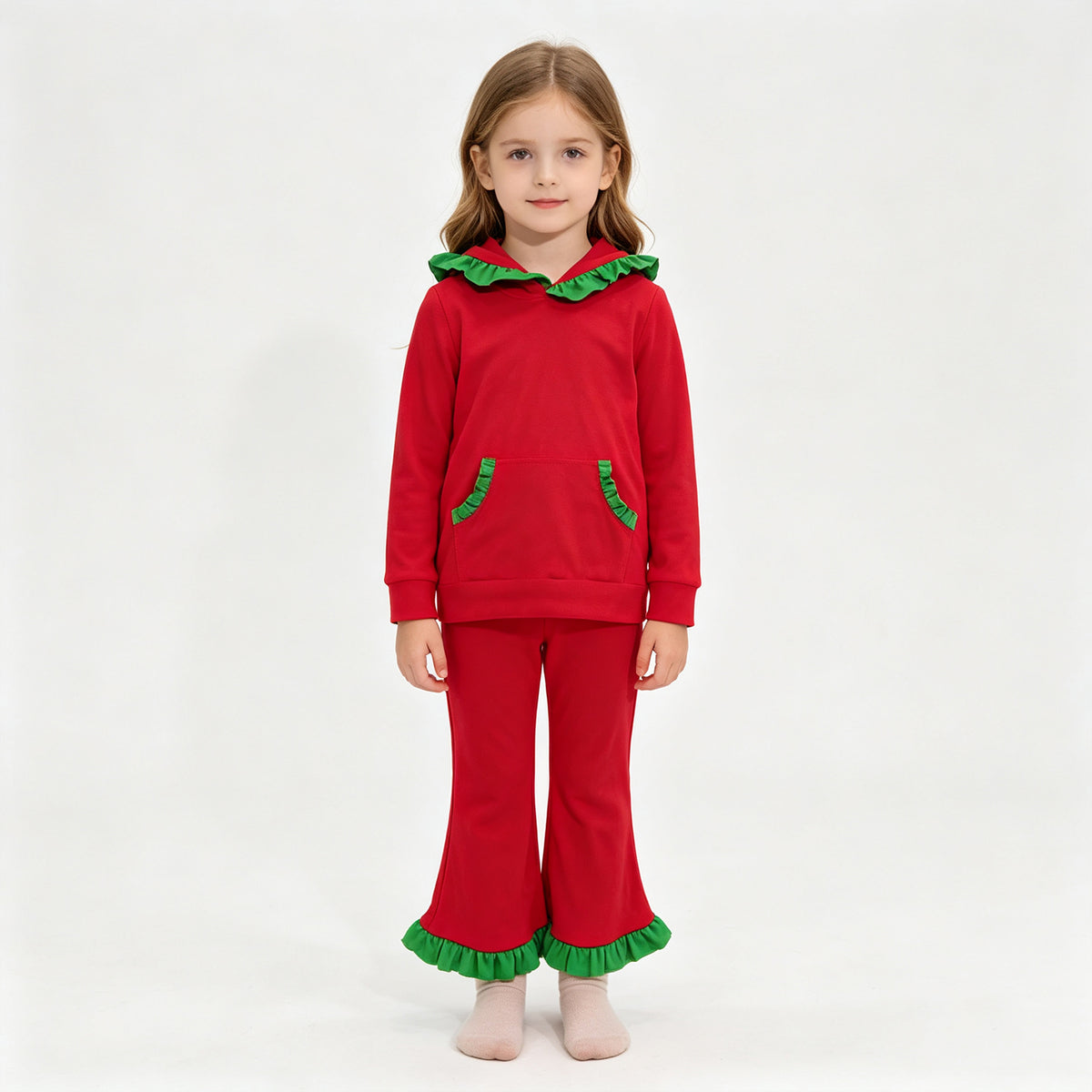 (Sample) No moq cotton GLP3751 Baby Girls Red Ruffle Hoodie Pockets Bell Bottom Pant Christmas Family Clothes Set