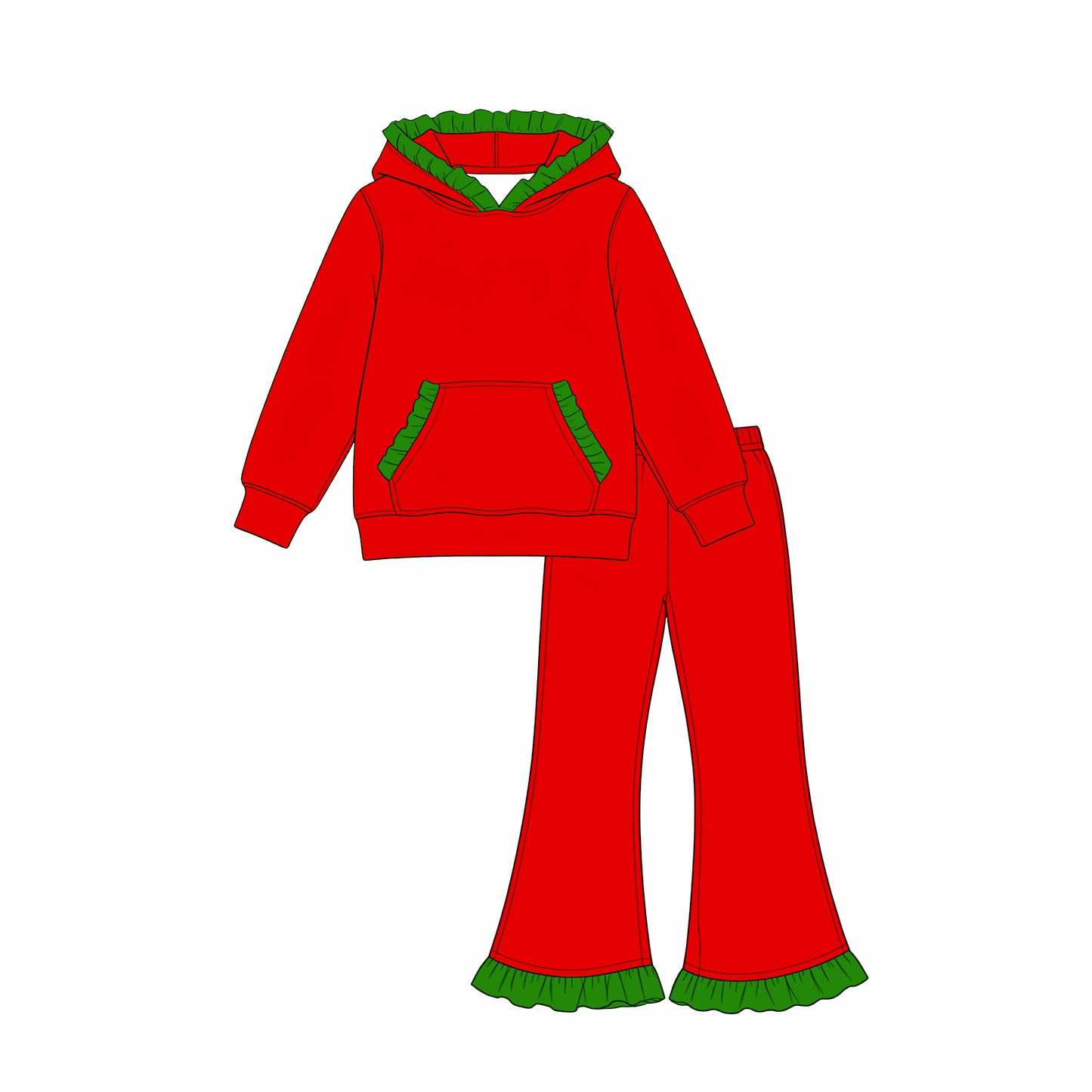 (Preorder new) No moq Baby Girls Solid Long Sleeve Hooded Top Ruffle Hem Flare Pant Clothes Set Casual Outfit