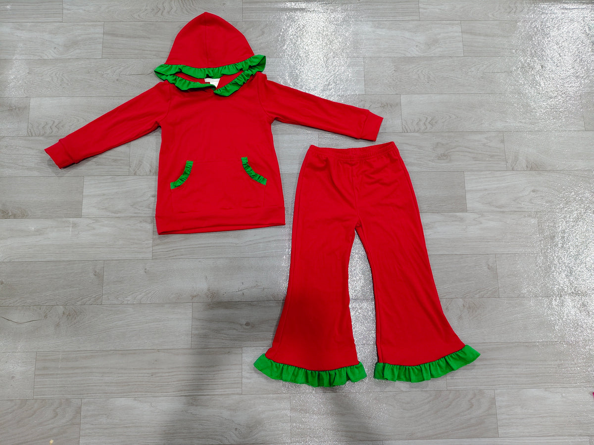 (Sample) No moq cotton GLP3751 Baby Girls Red Ruffle Hoodie Pockets Bell Bottom Pant Christmas Family Clothes Set