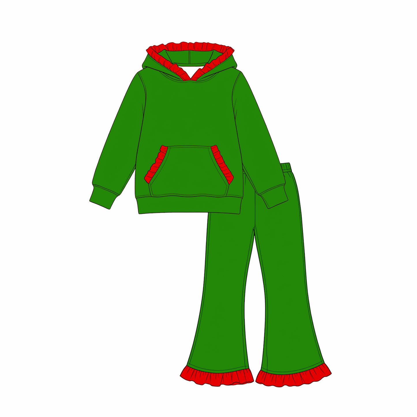(Preorder new) No moq Baby Girls Solid Long Sleeve Hooded Top Ruffle Hem Flare Pant Clothes Set Casual Outfit