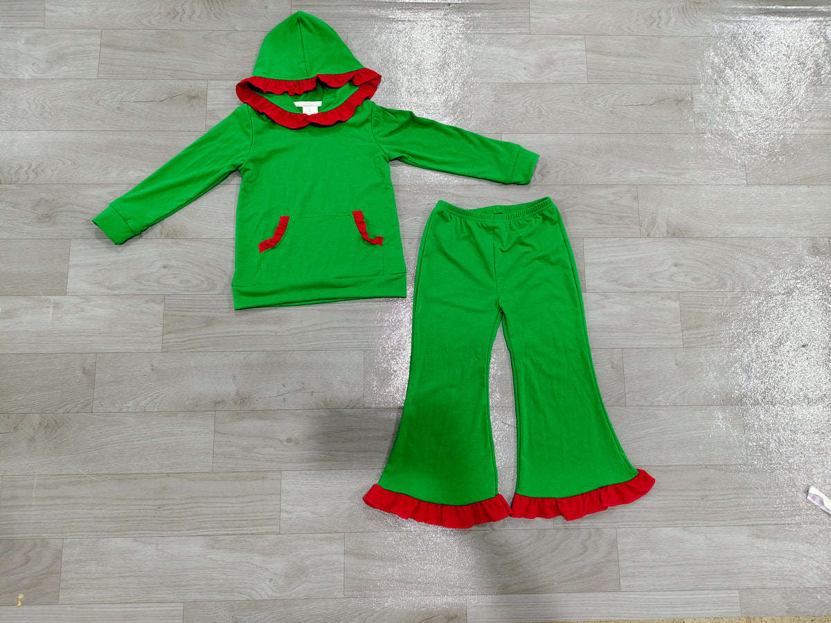 (Sample) No moq cotton GLP3752 Baby Girls Pocket Ruffle Hoodie Bell Bottom Pant Christmas Holiday Clothes Set