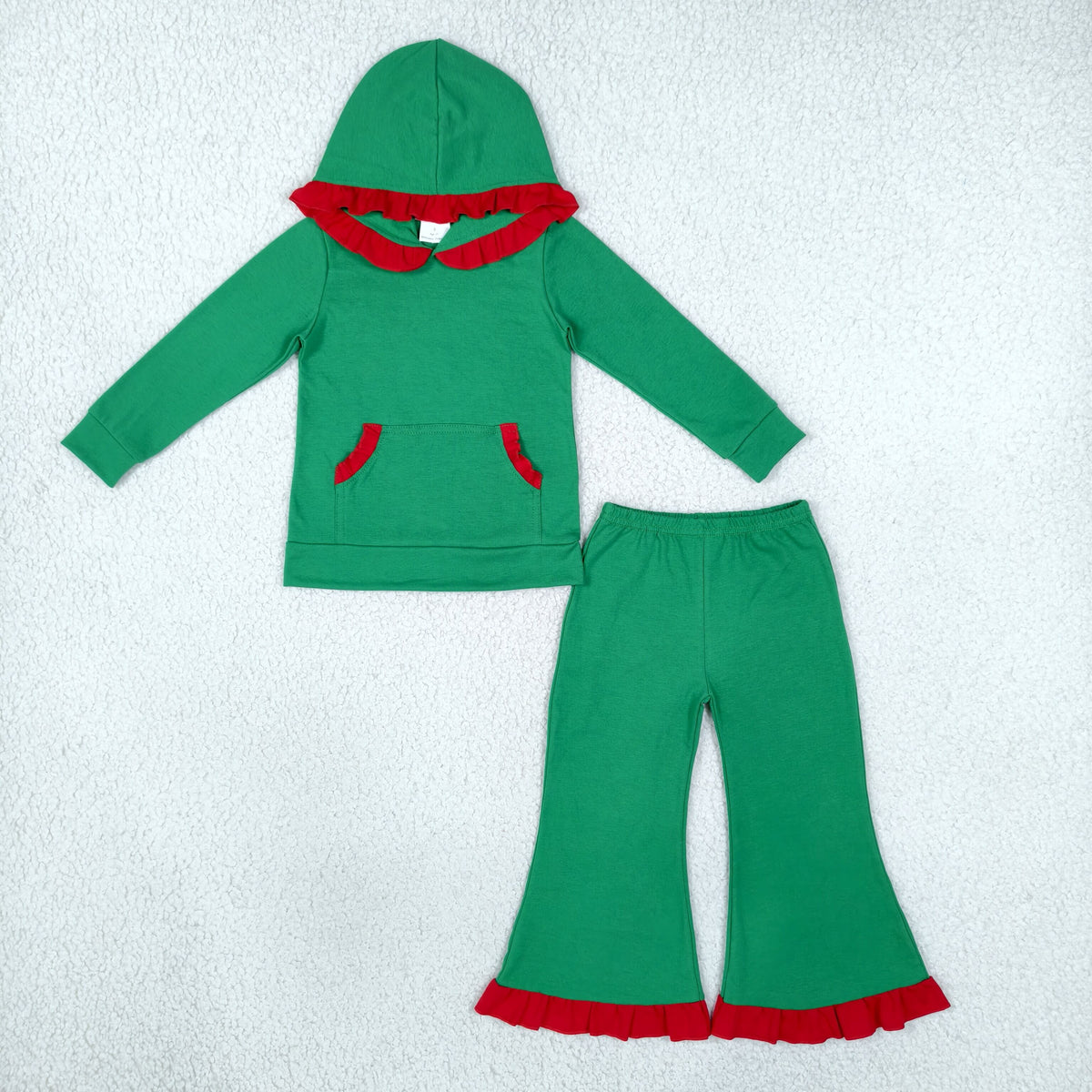 NEW RTS NO MOQ cotton GLP3752 Baby Girls Pocket Ruffle Hoodie Bell Bottom Pant Christmas Holiday Clothes Set