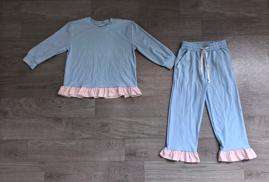 (Sample) No moq milk silk GLP3753 Baby Girls Light Blue Long Sleeve Top Ruffle Pant Casual Clothes Set