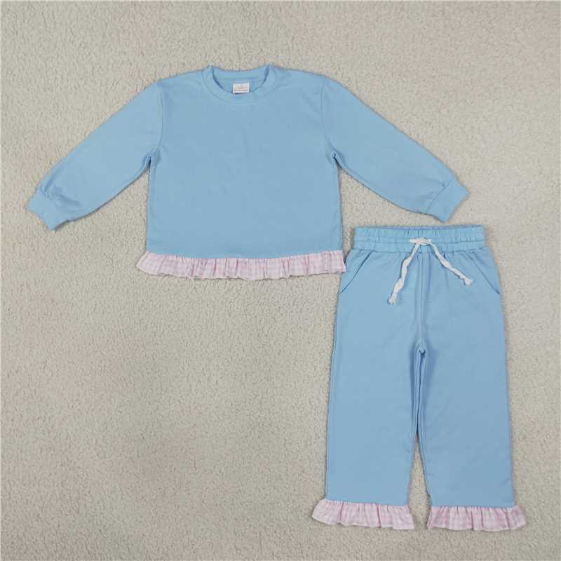 RTS NO MOQ Sibling cotton Baby Girls Solid Long Sleeve Ruffle Hem Drawstring Casual Outfit