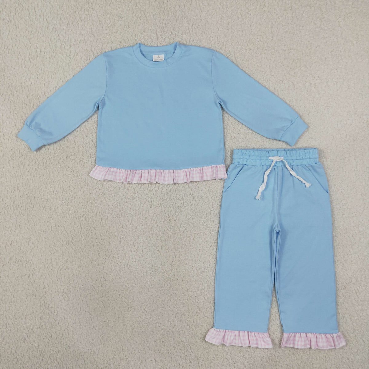 NEW RTS NO MOQ milk silk GLP3753 Baby Girls Light Blue Long Sleeve Top Ruffle Pant Casual Set
