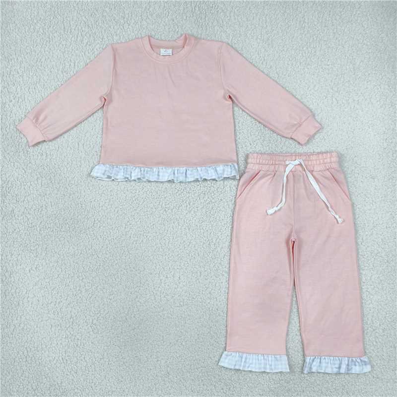 RTS NO MOQ Sibling cotton Baby Girls Solid Long Sleeve Ruffle Hem Drawstring Casual Outfit