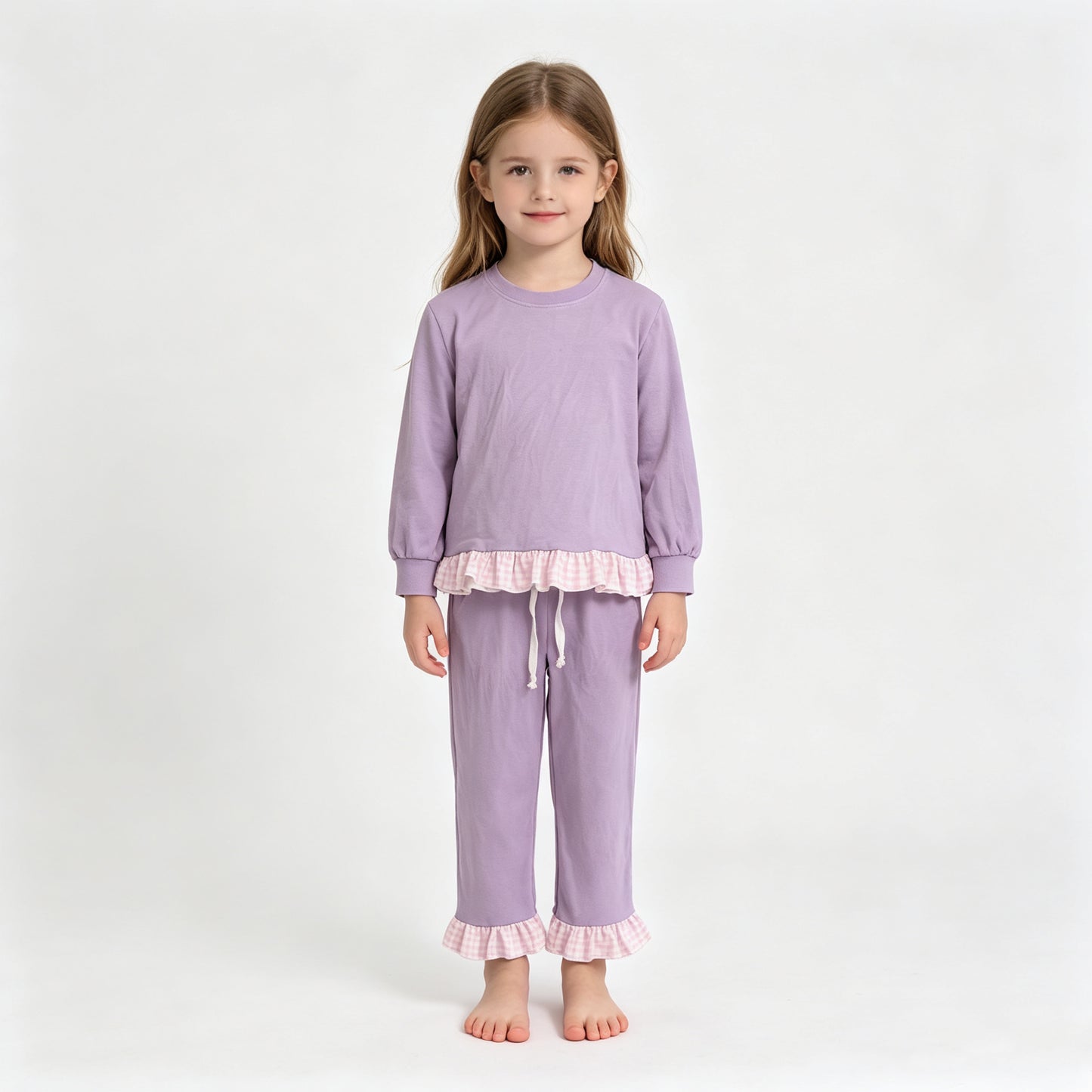 (Sample) No moq milk silk GLP3755 Baby Girls Lavender Long Sleeve Top Ruffle Pant Casual Clothes Set