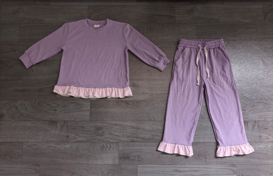 (Sample) No moq milk silk GLP3755 Baby Girls Lavender Long Sleeve Top Ruffle Pant Casual Clothes Set