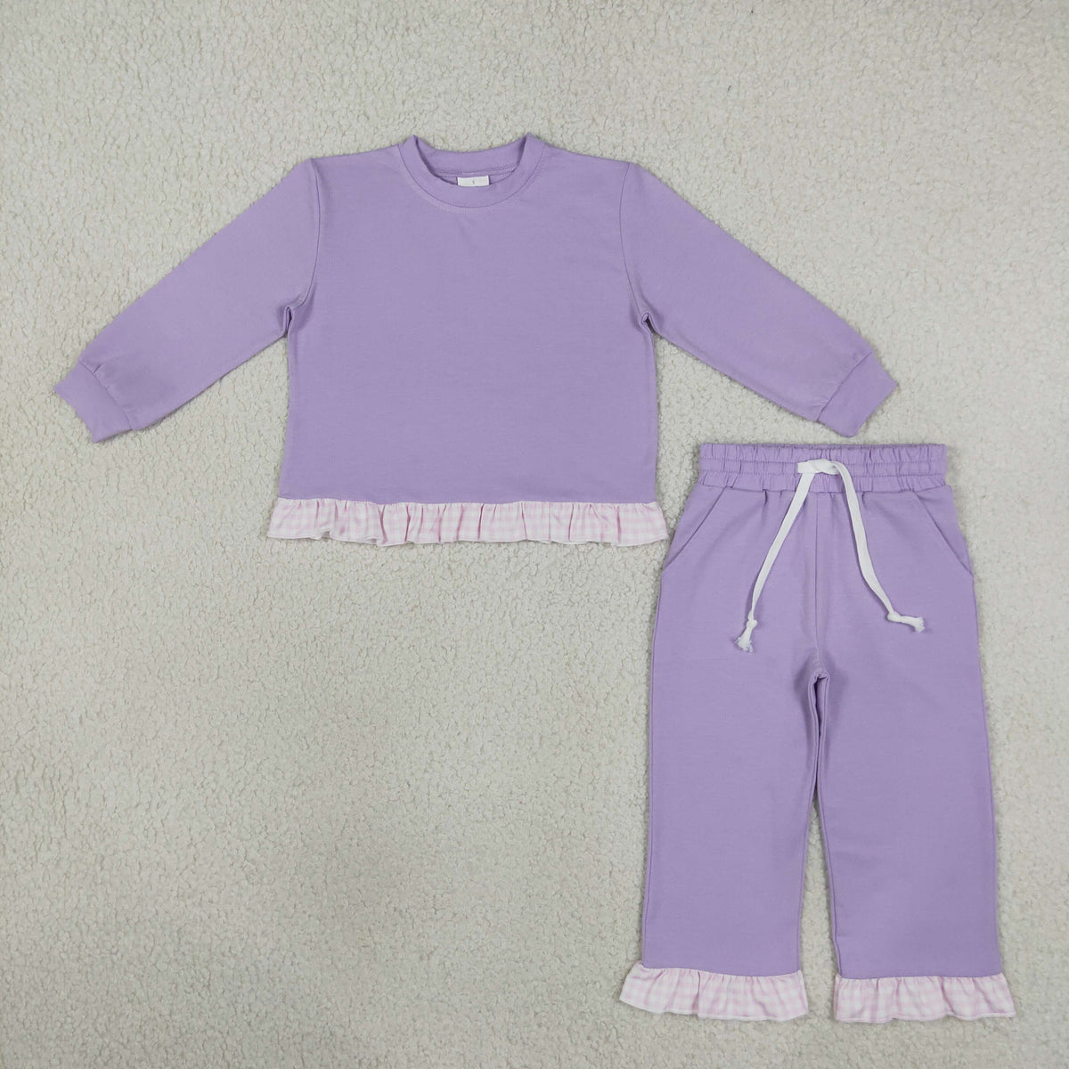 NEW RTS NO MOQ cotton GLP3755 Baby Girls Lavender Long Sleeve Top Ruffle Pant Casual Set