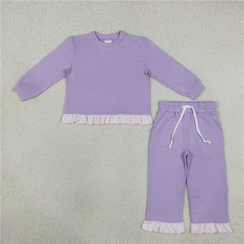 RTS NO MOQ Sibling cotton Baby Girls Solid Long Sleeve Ruffle Hem Drawstring Casual Outfit