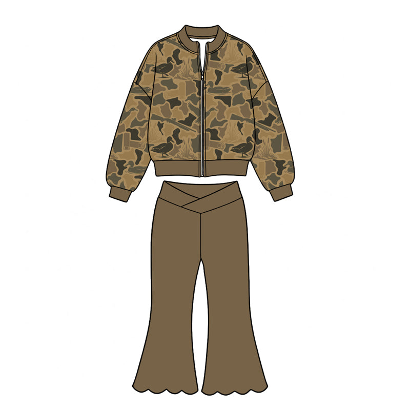 (Preorder new) No moq Yoga Baby Girls Camo Zip Jacket Scallop Bell Bottom Pant Yoga Active Clothes Set Casual Outfit