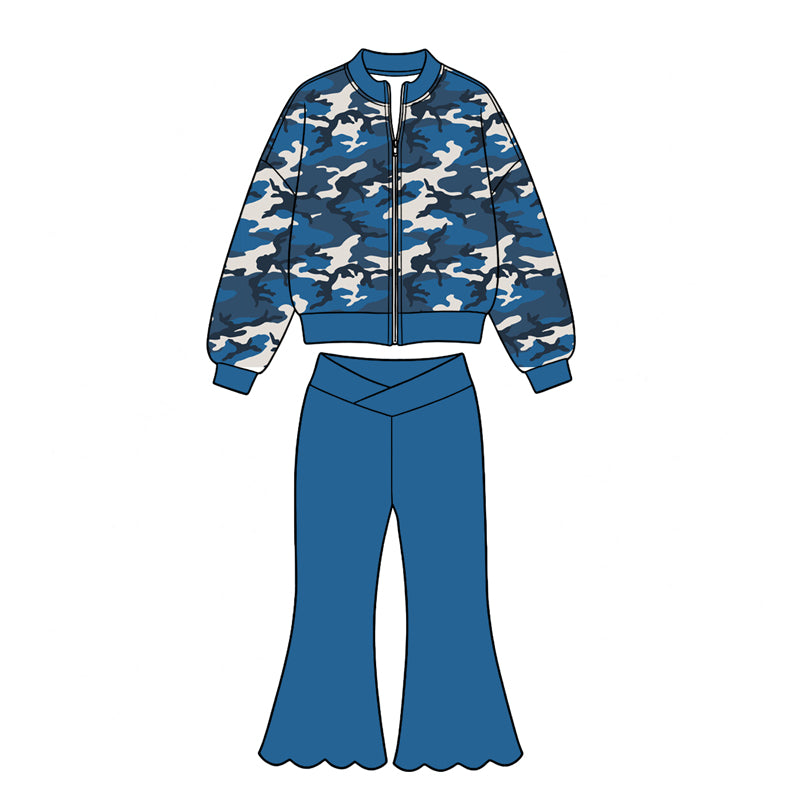 (Preorder new) No moq Yoga Baby Girls Camo Zip Jacket Scallop Bell Bottom Pant Yoga Active Clothes Set Casual Outfit