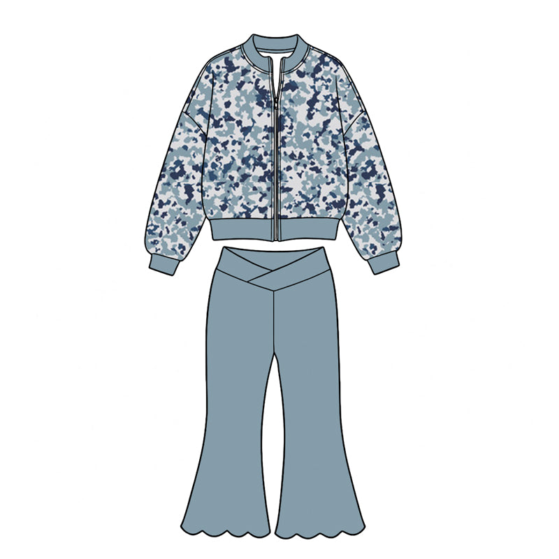 (Preorder new) No moq Yoga Baby Girls Camo Zip Jacket Scallop Bell Bottom Pant Yoga Active Clothes Set Casual Outfit