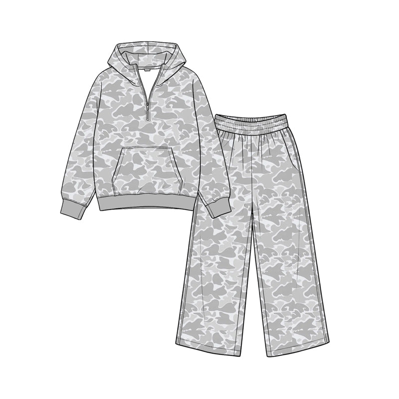 (Preorder new) No moq Baby Girls Camo Zip Pocket Hoodie Flare Pant Clothes Sets Autumn Baby Casual Outfit