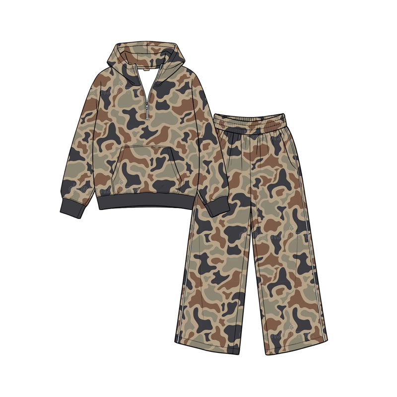 (Preorder new) No moq Baby Girls Camo Zip Pocket Hoodie Flare Pant Clothes Sets Autumn Baby Casual Outfit