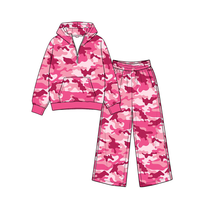 (Preorder new) No moq Baby Girls Camo Zip Pocket Hoodie Flare Pant Clothes Sets Autumn Baby Casual Outfit