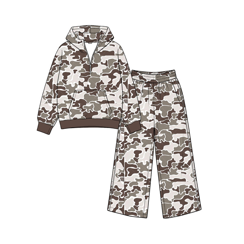 (Preorder new) No moq Baby Girls Camo Zip Pocket Hoodie Flare Pant Clothes Sets Autumn Baby Casual Outfit