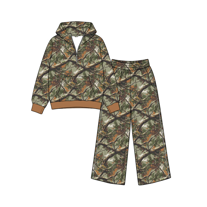(Preorder new) No moq Baby Girls Camo Zip Pocket Hoodie Flare Pant Clothes Sets Casual Outfit