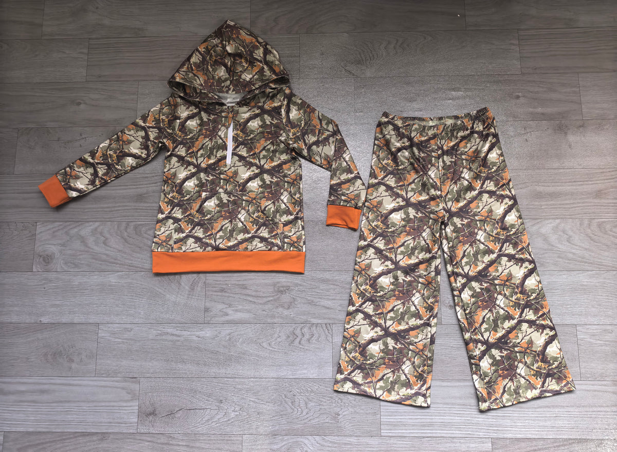(Sample) No moq milk silk GLP3766 (GT1937+P1257) Baby Leaves Camo Long Sleeve Zip Pocket Hoodie Ruffle Flare Pant Sets