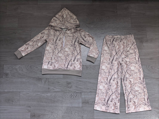 (Sample) No moq milk silk GLP3767（GT1938+P1258）Baby Girls Leaves Camo Zip Pocket Hoodie Flare Pant Sets