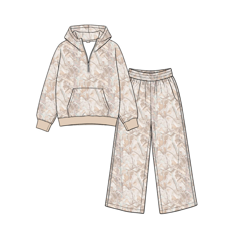 (Preorder new) No moq Baby Girls Camo Zip Pocket Hoodie Flare Pant Clothes Sets Casual Outfit