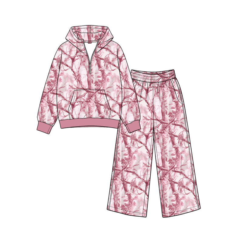 (Preorder new) No moq Baby Girls Camo Zip Pocket Hoodie Flare Pant Clothes Sets Casual Outfit