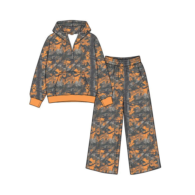 (Preorder new) No moq Baby Girls Camo Zip Pocket Hoodie Flare Pant Clothes Sets Casual Outfit