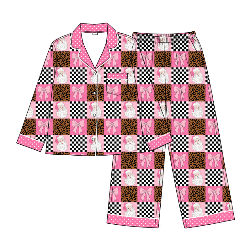 (Preorder new) No moq Adult To Match Kids Bows Santa Checked Pocket Button Top Pant Christmas Pajamas Sets Rompers Sleep Gown